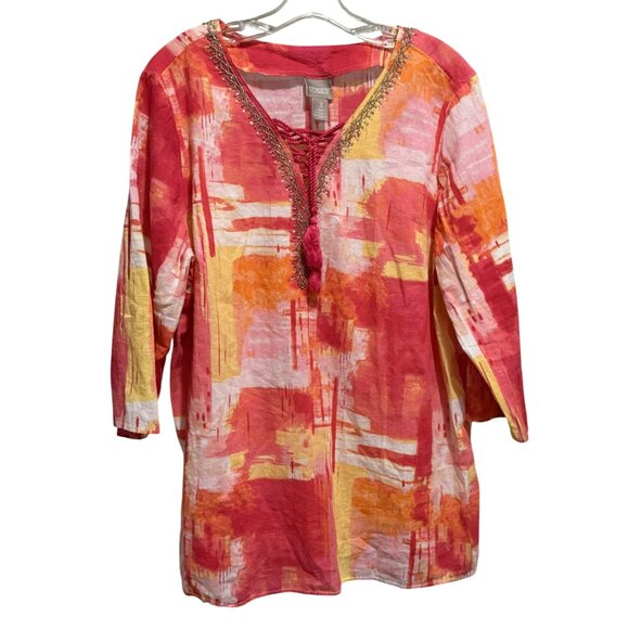 Chico’s Crossroads Lace Up Tunic 3 L-XL  Colorblocked Salsa Beaded Neckline Boho - Picture 4 of 10